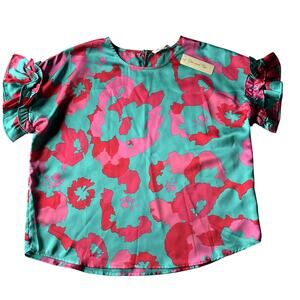 NWT Doe and Rae Women's Abstract Floral Blouse Ruffle Sleeve Size S